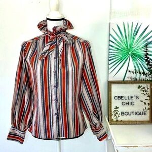 Vintage 80’s Striped Button Up Blouse w/Stand Up Ruffle Collar Sz 7/8